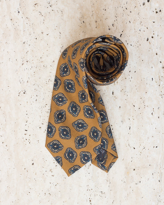 Ciemnozłoty jedwabny krawat w duże ornamenty